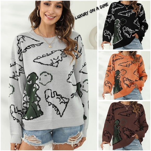 Knit Dinosaur Print Round Neck Long Sleeve Oversized Fun Pullover Sweater Shirt - Picture 9 of 9